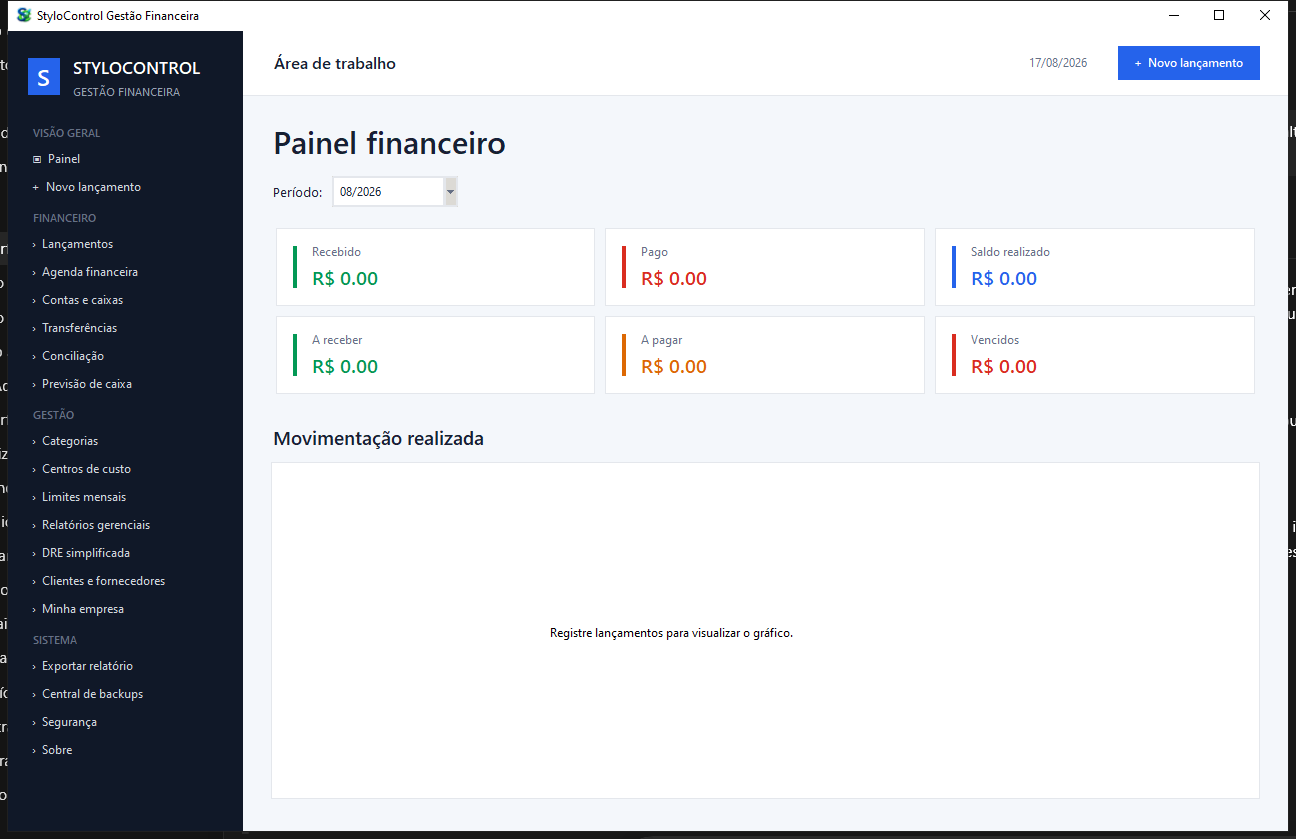 Painel financeiro do StyloControl